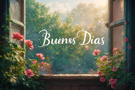 Buenos Dias greeting in sunlit window with blooming flowers and soft morning light, dreamy garden view with bokeh particles, romantic illustration for good morning cards and positive lifestyle design