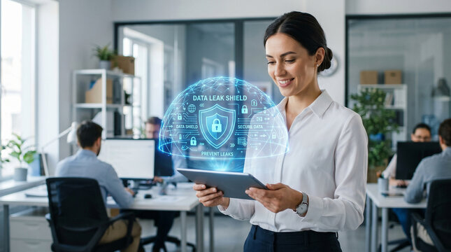 Data security shield cyber protection office technology woman tablet secure data prevent leak