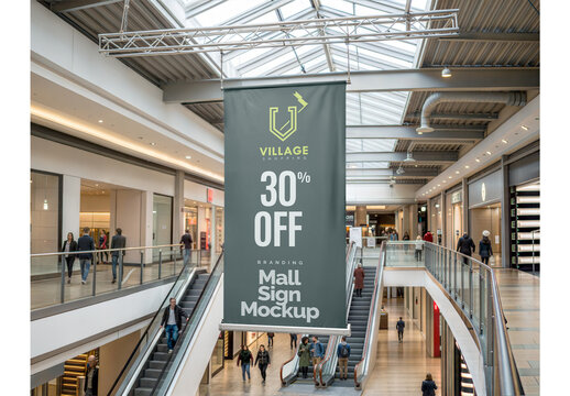 Mall Vertical Sign Mockup Realistic Render Inside a Mall Background for Branding