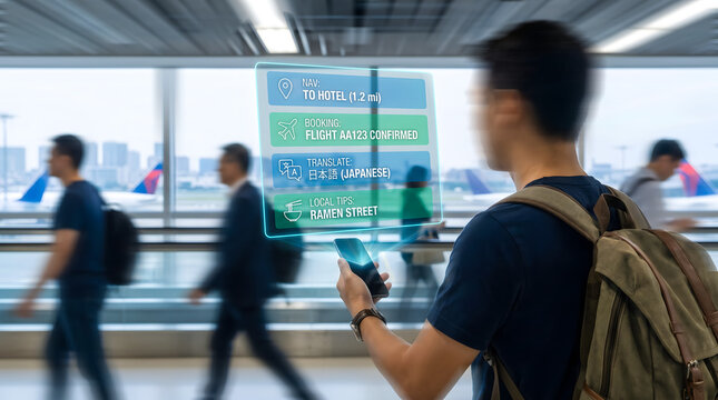 Traveler holding smartphone showing navigation maps, booking details, translation features, and local recommendations, Smart Travel Assistant Concept in Airport or City