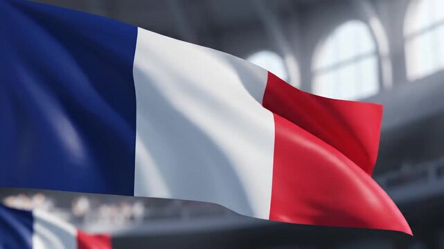 Waving French flag celebrating Bastille Day with a blurred stadium background and patriotic spirit