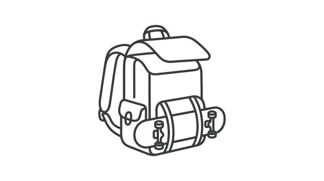 A black and white line drawing of a backpack with a skateboard attached to the front.