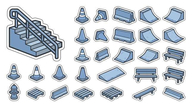 A collection of isometric urban street furniture and obstacles, including stairs, cones, barriers, ramps, and benches, suitable for game design or illustration.