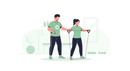 Naklejka premium Physical therapist assisting patient with resistance band exercise in rehabilitation clinic