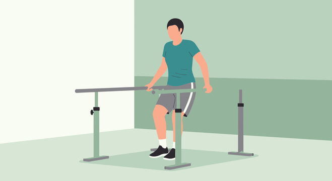 Physical therapy patient using parallel bars for rehabilitation and mobility training