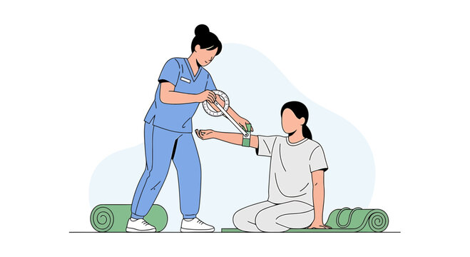 Physical therapist measures patient's arm range of motion with goniometer for rehabilitation