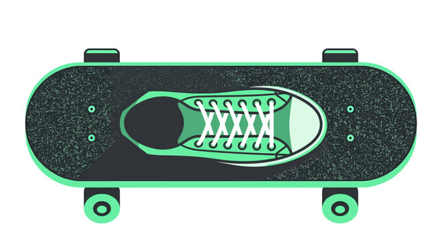 Minimalist illustration of a skateboard deck adorned with a teal sneaker design, showcasing a blend of urban sport and footwear aesthetics.