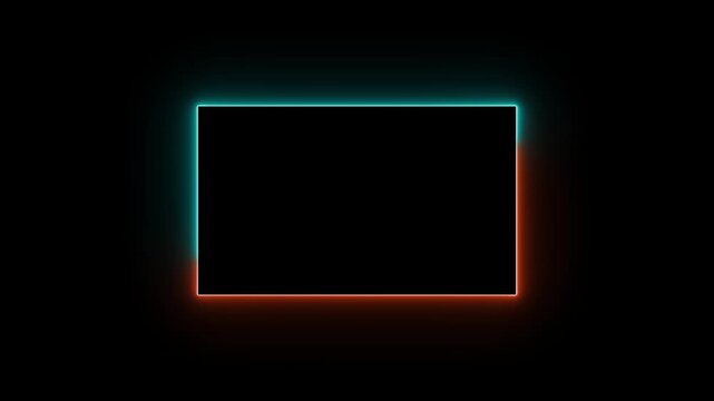 Neon rectangular frame with glowing running effects on dark background, abstract techno animation.