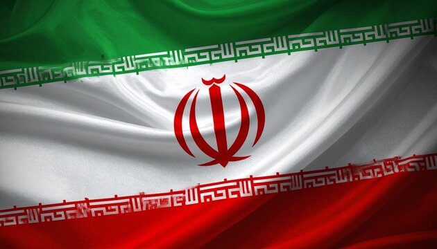 National flag of Iran with green, white, red stripes, central red emblem, Kufic script borders repeating &ldquo;Allahu Akbar,&rdquo; symbolizing cultural identity and national pride.