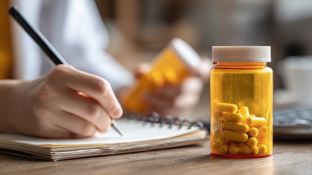 Doctor Writing a Prescription at a Wooden Desk with an Orange Pill Bottle Filled with Yellow Capsules in the Foreground, Representing Professional Medical Consultation and Health Care Themes