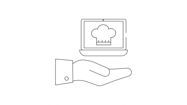 Hand Holding Laptop with Chef Hat Icon Online Cooking Concept.