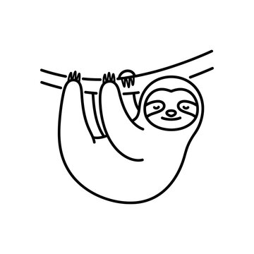 Adorable sloth hanging upside down on a tree branch, smiling happily, line art illustration.