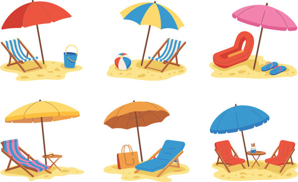 Summer beach vector set, umbrellas, lounge chairs, seaside relaxation accessories, vacation travel illustration collection for design