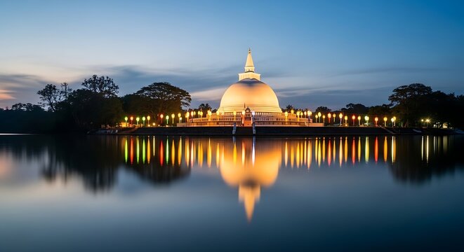 Illuminated White Buddhist Stupa Perfectly Reflected in a Calm Lake at Dusk