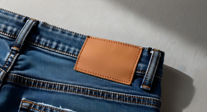 Blank leather label on the back of blue denim jeans