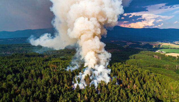 Forest fire smoke plume over woodland landscape
