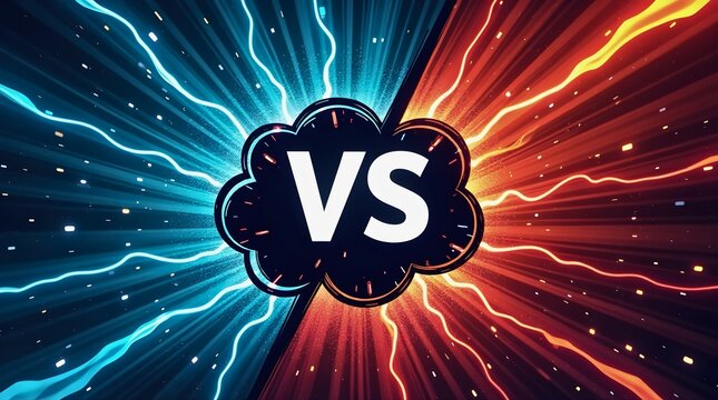 Striking split design featuring radiant blue energy lines on the left and vivid red-orange energy lines on the right, centered by bold VS emblem symbolizing rivalry
