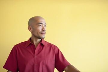 Obraz premium Bald man looking thoughtfully against yellow studio background