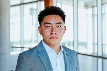 Fototapeta premium Young man standing attentive in bright office atrium