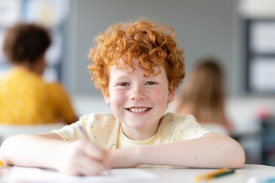 Red haired boy writing and smiling at classroom desk