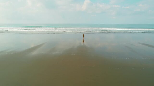 Lone beachgoer walking along reflective shoreline under soft morning light