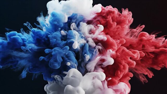 Explosion of vibrant red, white, and blue smoke clouds celebrating Bastille Day with a patriotic French theme