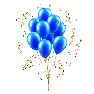 Bunch of blue balloons with gold ribbons, confetti and streamers isolated on transparent background. Vector illustration for card, invitation, flyer, poster, banner, congratulation. Festive decor elem