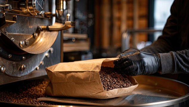 Freshly Roasted Coffee Beans Being Bagged After Roasting Process.