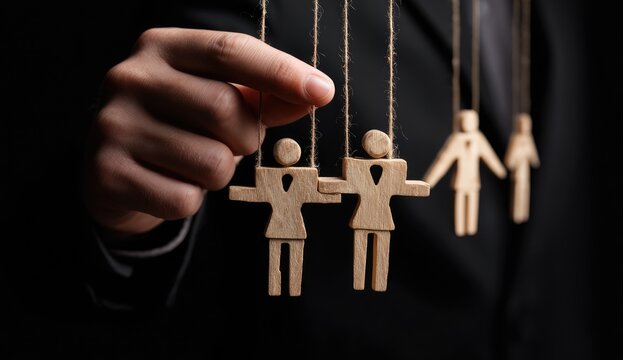Hand Manipulating Marionette Figures Representing Control and Influence.