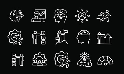 Fototapeta premium White Business Strategy and Growth Icon Set on Black Background Featuring Creative Thinking and Leadership Web Icon Minimal Outline Drawing