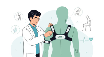 Obraz premium Doctor examining patient with posture sensor device for spine health and medical checkup