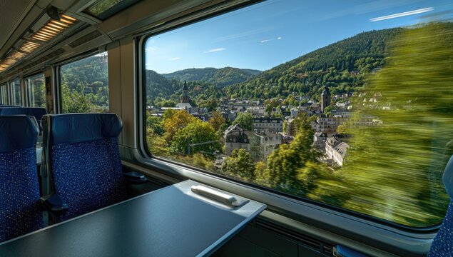 View from train window of a picturesque village nestled in a green valley.
