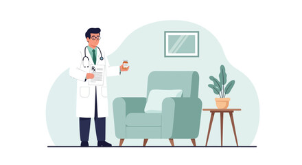 Fototapeta premium Doctor holding prescription and medicine bottle in a cozy room with armchair