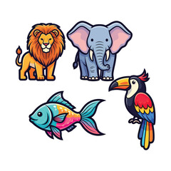 Fototapeta premium Cartoon Animal Illustration Featuring Lion, Elephant, Toucan and Colorful Fish Diversity