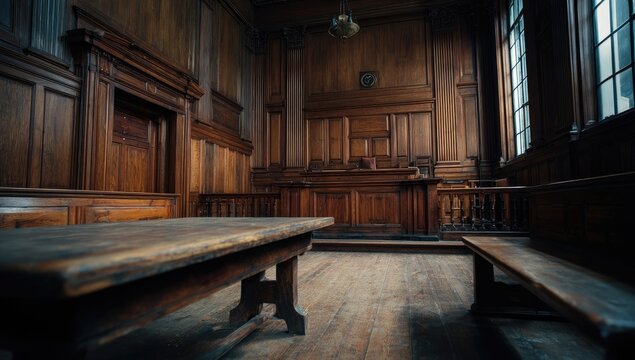 Historic Courtroom Interior with Rich Wood Paneling and Benches.