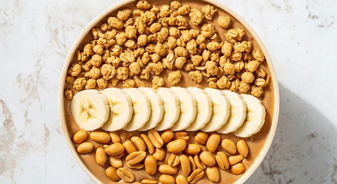 Healthy chocolate smoothie bowl with banana slices peanuts and granola topping in a round plate. burro arachidi 