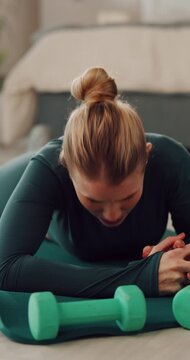 Exercise, fatigue and woman in plank in home for intense training, wellness and core strength. Exhausted, sweat and tired person on workout mat for fitness, active hobby and pilates for ab muscles