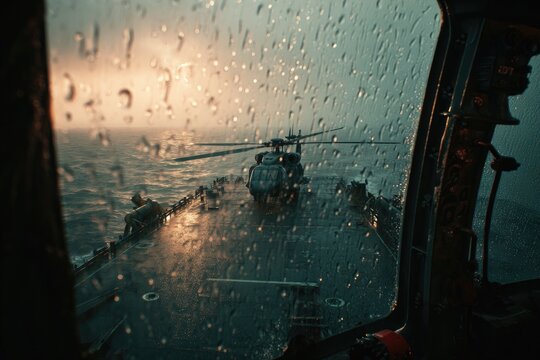Helicopter Landing on Ship Deck During Stormy Seas and Rain.