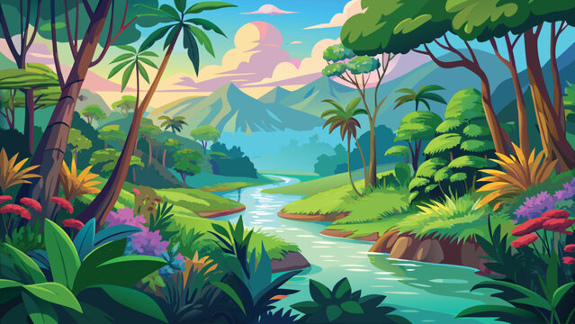 Beautiful tropical jungle landscape with a flowing river and lush green trees under a bright colorful sunset sky scenery Vector