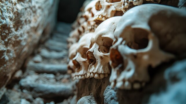 A striking display of multiple skulls arranged intricately, set against a rugged backdrop, evoking a sense of mystery and the themes of mortality and the human condition.