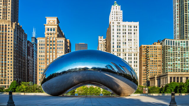 hicago, Illinois, USA - April 24, 2024. Cloud Gate sculpture, known as The Bean by Anish Kapoor at AT&T Plaza, Millennium Park.