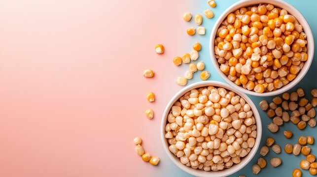 Two bowls filled with contrasting yellow and white corn kernels sit against a playful pastel background, highlighting the vibrant colors and textures of the ingredients.
