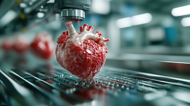 A close-up view of a 3D printed heart model on high-tech machinery, representing innovation, technology, and the future of medicine and biomedical engineering.
