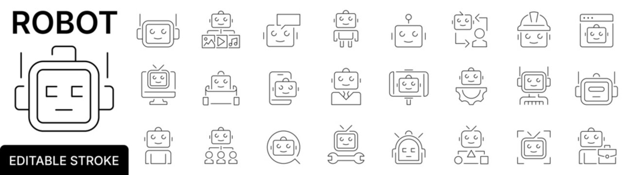 Robot icon set. AI agent. Robots icons. Editable stroke. Vector illustration