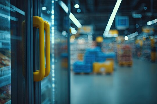 Supermarket aisle with bright lights and a yellow handle on a refrigerator door.