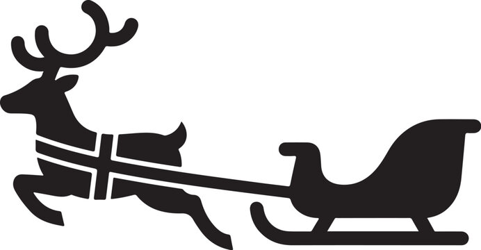 Black silhouette reindeer sleigh, Christmas icon, winter holiday symbol, festive vector graphic
