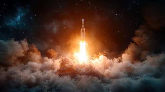 A rocket blasts off into the vastness of space, illuminating the sky with fiery exhaust, showcasing humanity's quest for exploration and the marvels of technological advancement.
