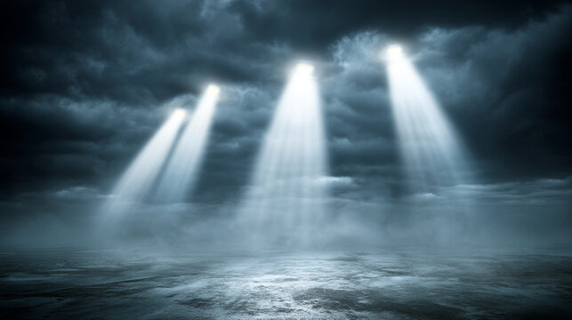 Multiple dramatic light beams cutting through dark stormy clouds sci