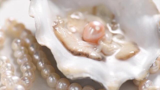 Pearls, One Natural pearl inside the oyster shell, close up, on white background. Nacre. Pearl necklace. Mother-of-pearl. Jewellery. Wealth concept. Rotating background, top view, slow motion
