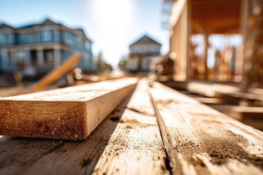 Construction Site Lumber Yard with New Homes Under Construction.